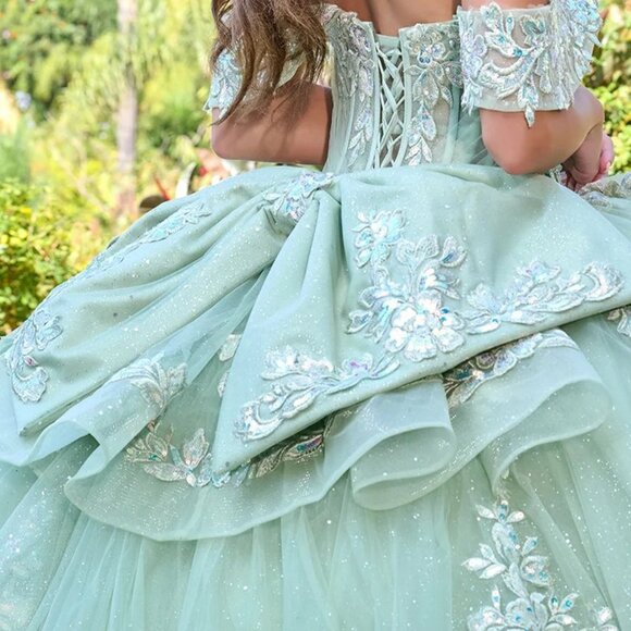 New Sage Tulle Ceremonial Gown w/ Sequins Embroidery & Layered Skirt GL3815 - Picture 12 of 15